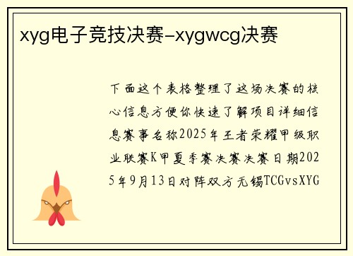 xyg电子竞技决赛-xygwcg决赛